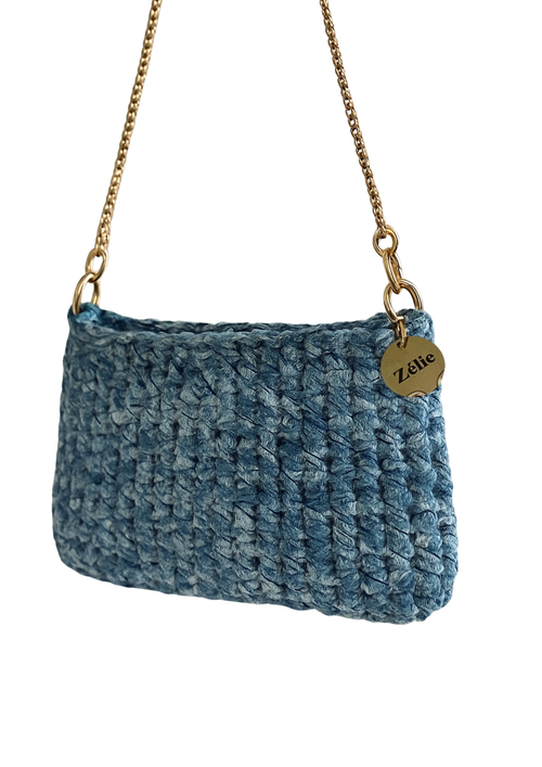 Sac en crochet 100% jeans recyclé - finitions chaîne dorée ou argentée -